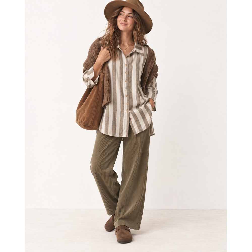 Vntg 90s Linen Blend Striped Button Shirt Tunic Granola Coastal Minimalist